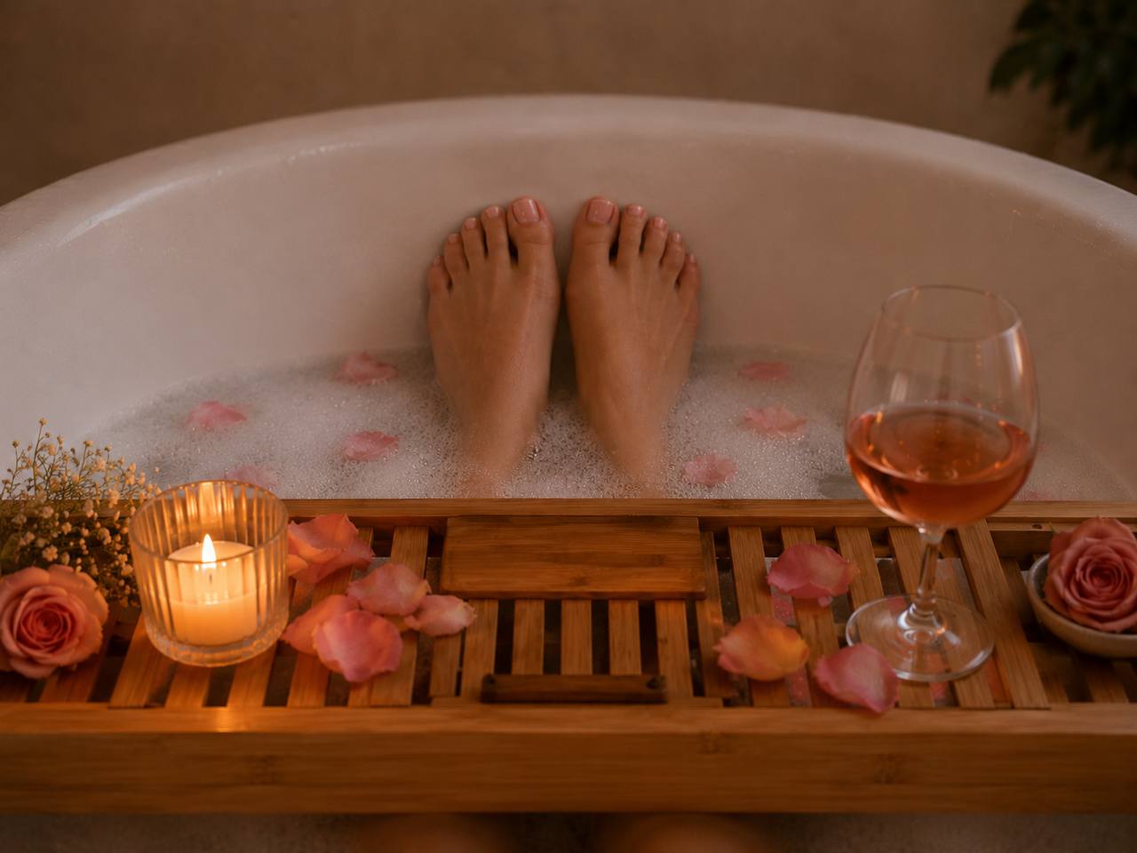 Serene bath with rose petals, candle, and a glass of rosé on a bamboo caddy